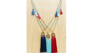 three color tassels necklace pendant gold caps beads